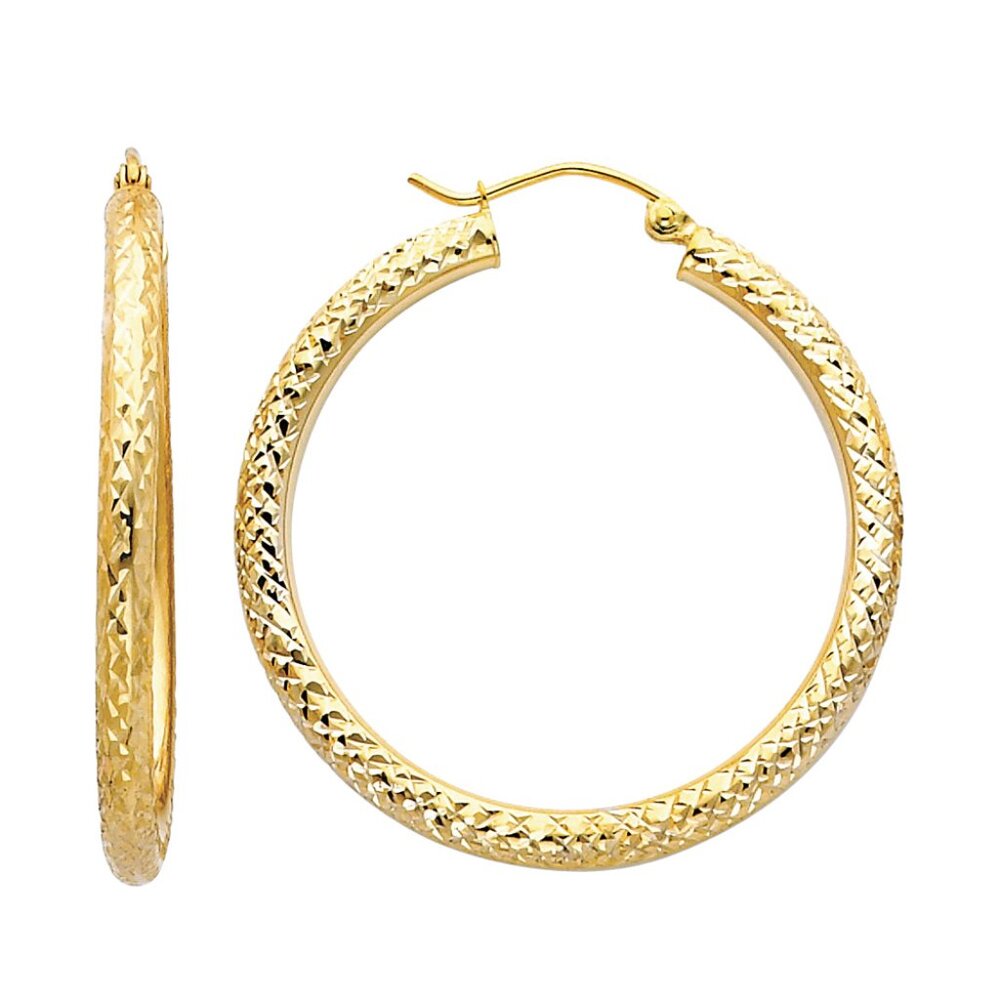 14KT Gold Diamond Cut 3mm Hollow Round Tube Hoop Earrings (35mm)